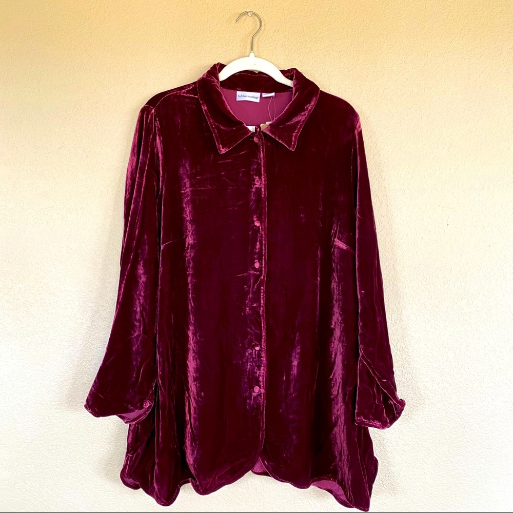 Soft Surroundings Velvet Button-Down Shirt Jacket in Deep Wine